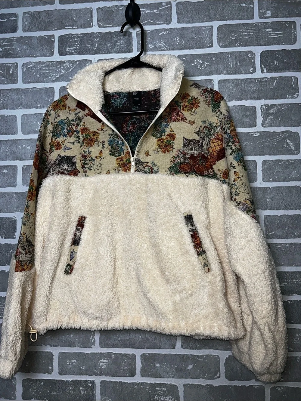 Cider XL Cat Tapestry Sherpa Half Zip Pullover Cottagecore Grandmacore Fleece